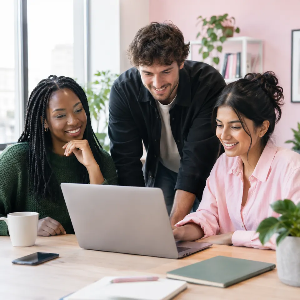 Three people smiling at a laptop around a bright, plant-filled desk